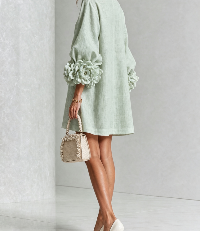 Women's Round Neck Mini Dress with Ruffled Flower Cuffs
