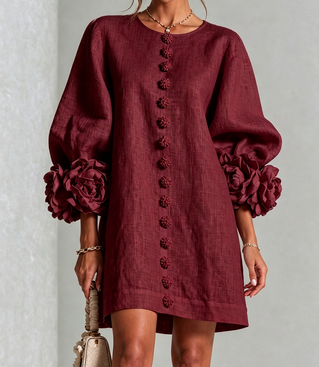 Women's Round Neck Mini Dress with Ruffled Flower Cuffs