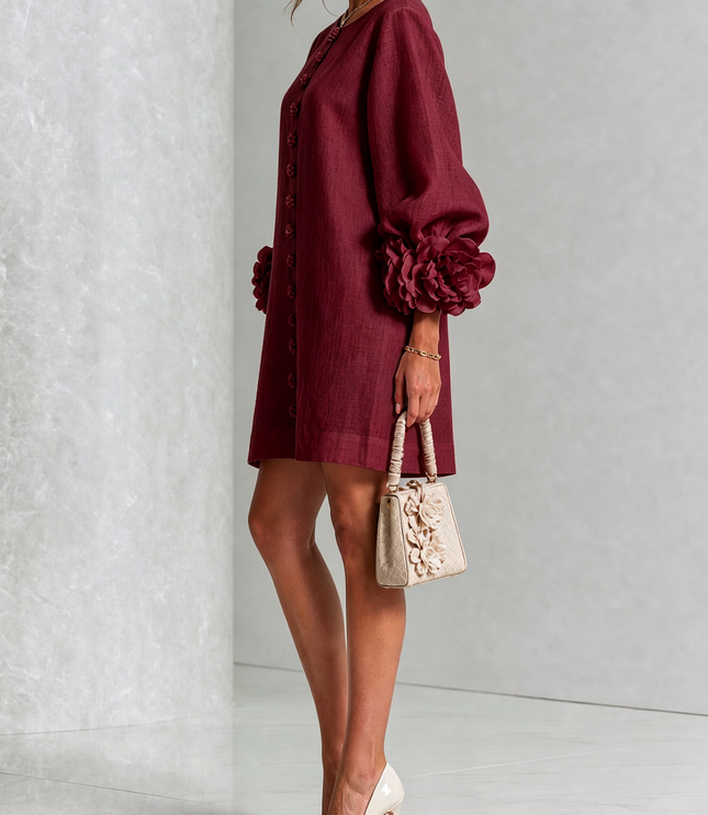 Women's Round Neck Mini Dress with Ruffled Flower Cuffs