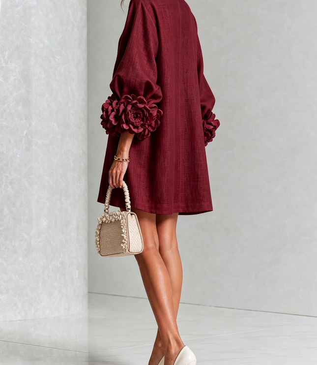 Women's Round Neck Mini Dress with Ruffled Flower Cuffs