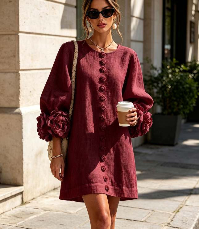 Women's Round Neck Mini Dress with Ruffled Flower Cuffs