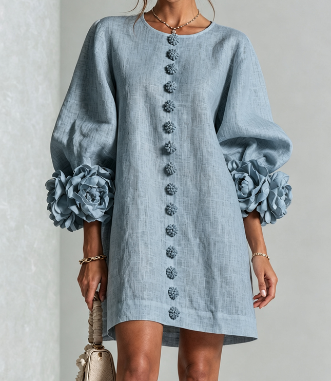 Women's Round Neck Mini Dress with Ruffled Flower Cuffs
