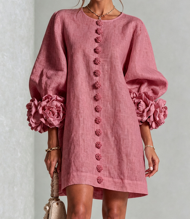 Women's Round Neck Mini Dress with Ruffled Flower Cuffs