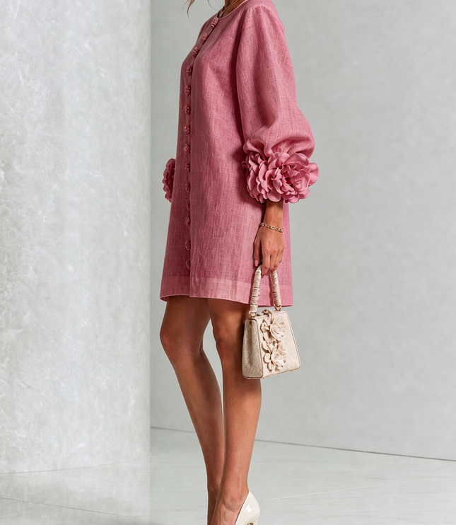 Women's Round Neck Mini Dress with Ruffled Flower Cuffs