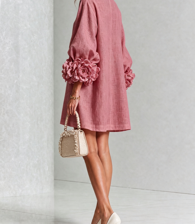 Women's Round Neck Mini Dress with Ruffled Flower Cuffs