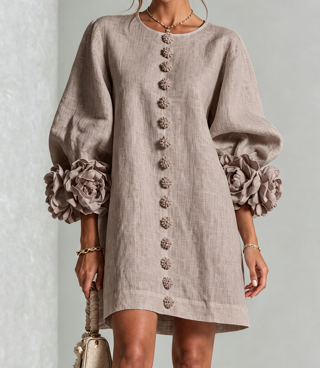 Women's Round Neck Mini Dress with Ruffled Flower Cuffs