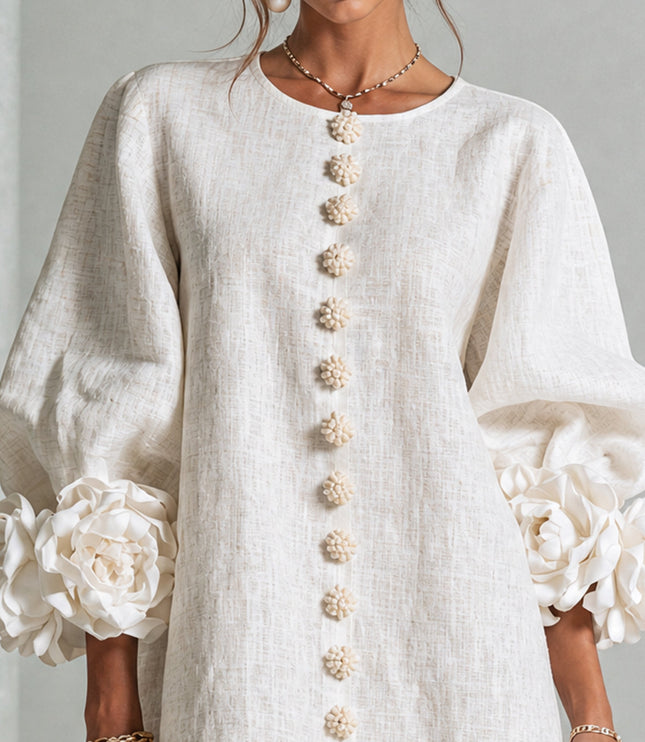 Women's Round Neck Mini Dress with Ruffled Flower Cuffs