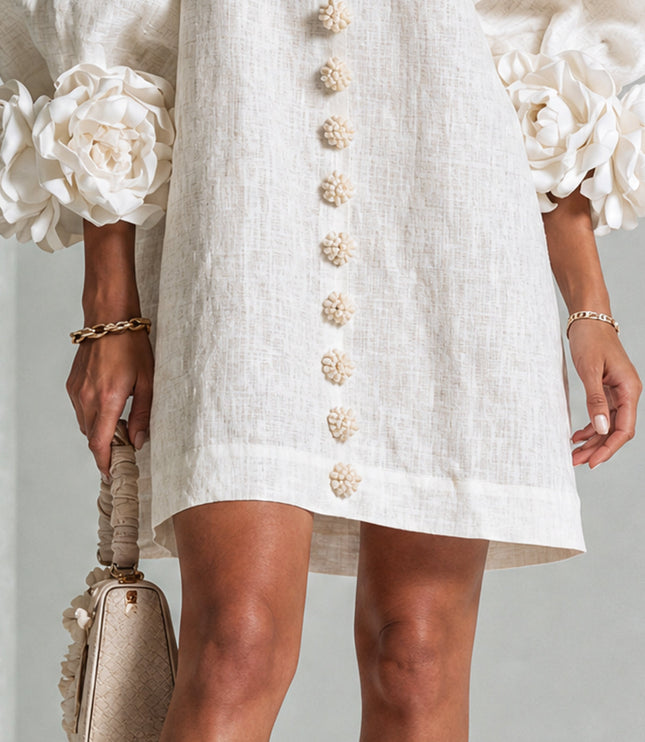 Women's Round Neck Mini Dress with Ruffled Flower Cuffs