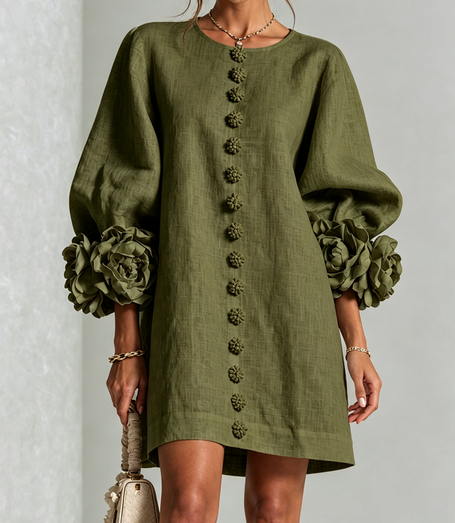 Women's Round Neck Mini Dress with Ruffled Flower Cuffs