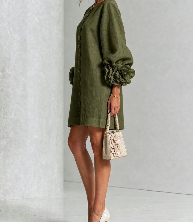 Women's Round Neck Mini Dress with Ruffled Flower Cuffs