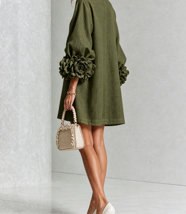 Women's Round Neck Mini Dress with Ruffled Flower Cuffs