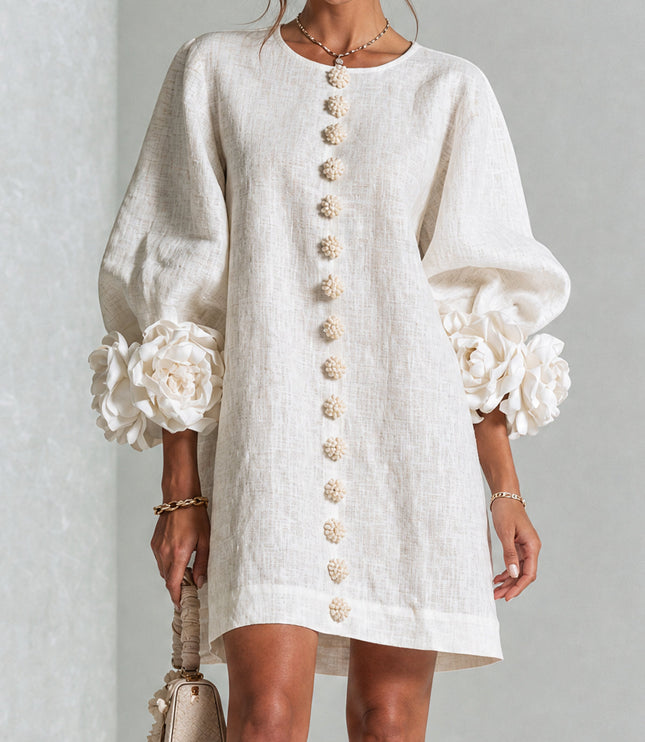 Women's Round Neck Mini Dress with Ruffled Flower Cuffs