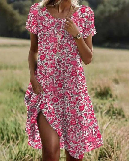 Women's Round Neck Swing Dress with a Dipped Hem