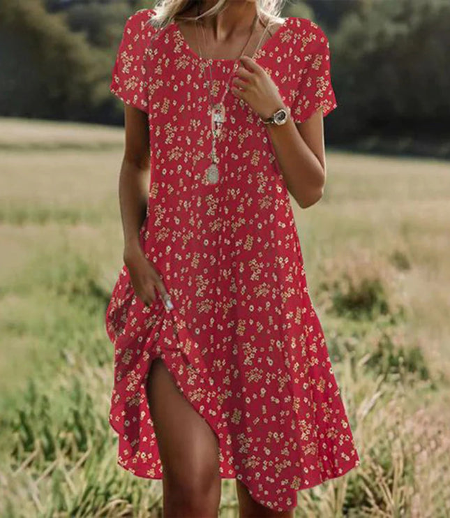 Women's Round Neck Swing Dress with a Dipped Hem
