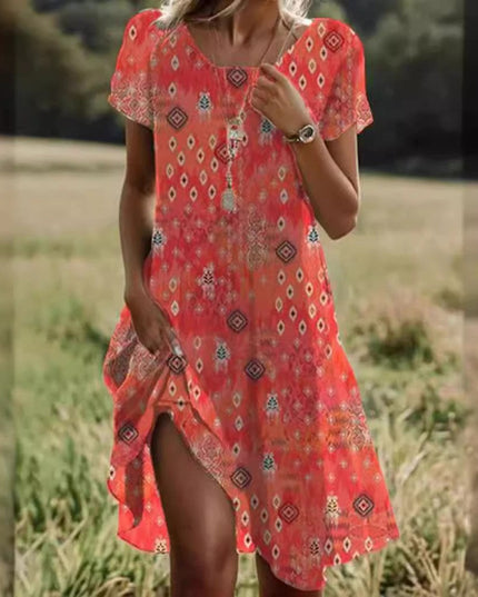 Women's Round Neck Swing Dress with a Dipped Hem