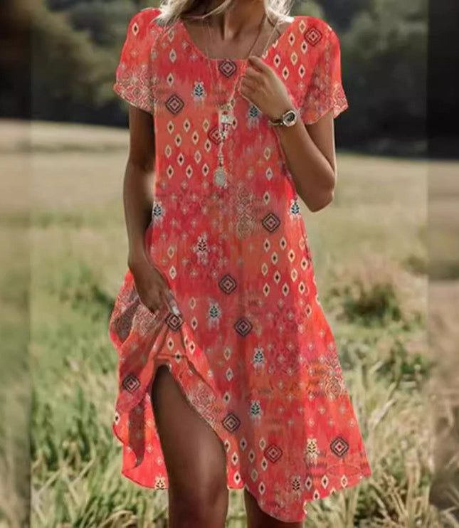 Women's Round Neck Swing Dress with a Dipped Hem
