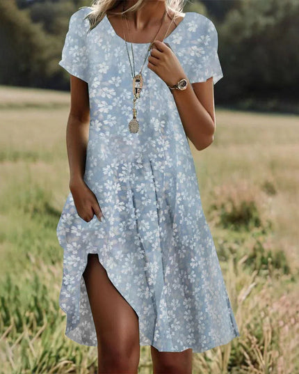 Women's Round Neck Swing Dress with a Dipped Hem