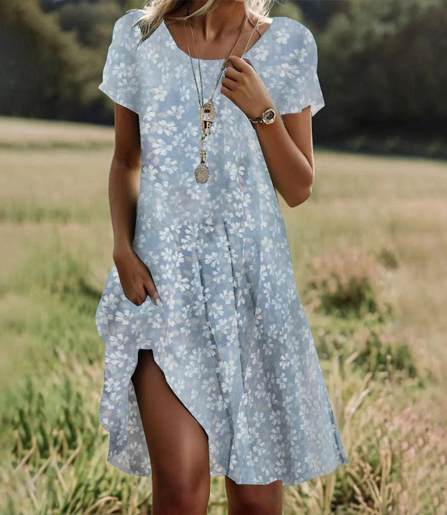 Women's Round Neck Swing Dress with a Dipped Hem