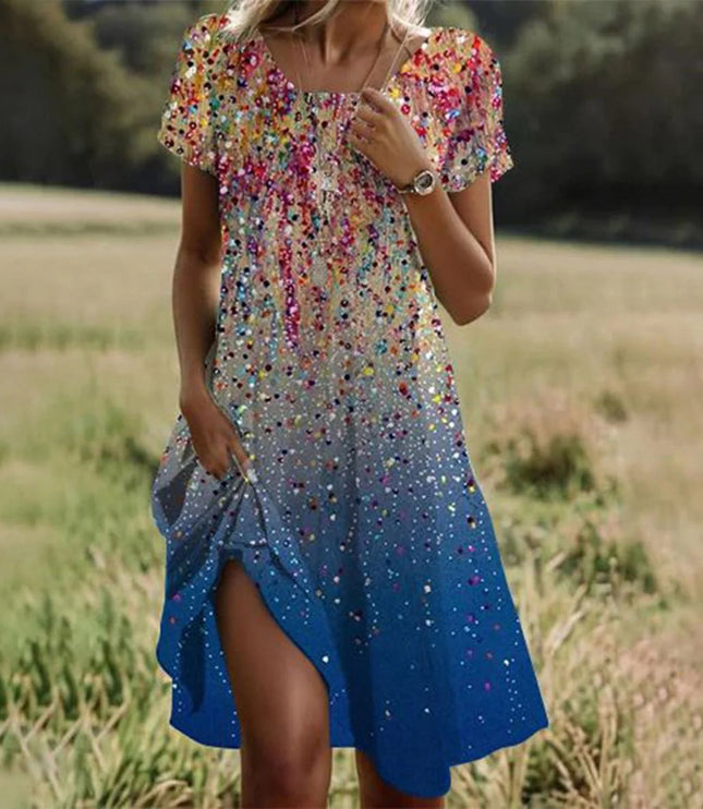 Women's Round Neck Swing Dress with a Dipped Hem