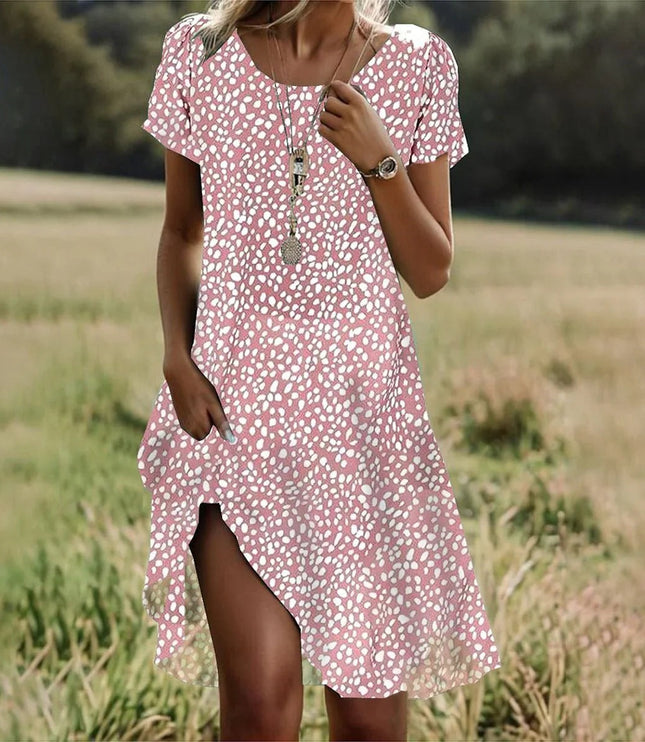 Women's Round Neck Swing Dress with a Dipped Hem