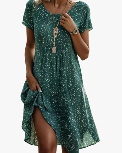 Women's Round Neck Swing Dress with a Dipped Hem