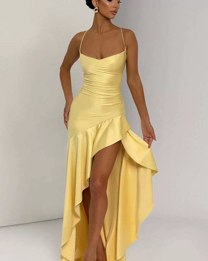 Women's Ruched Asymmetric High-Low Hem Maxi Dress