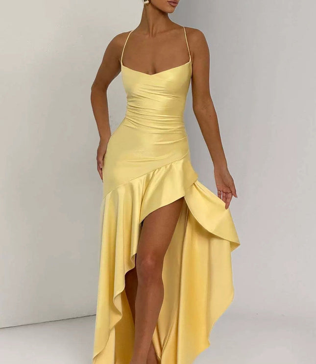 Women's Ruched Asymmetric High-Low Hem Maxi Dress