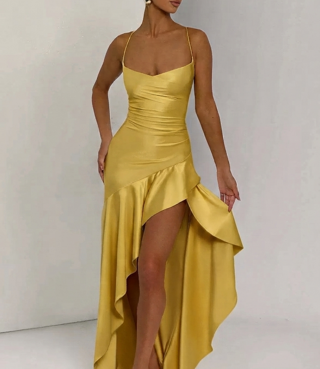 Women's Ruched Asymmetric High-Low Hem Maxi Dress