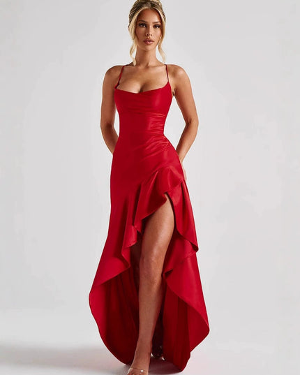 Women's Ruched Asymmetric High-Low Hem Maxi Dress