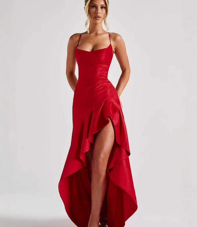 Women's Ruched Asymmetric High-Low Hem Maxi Dress