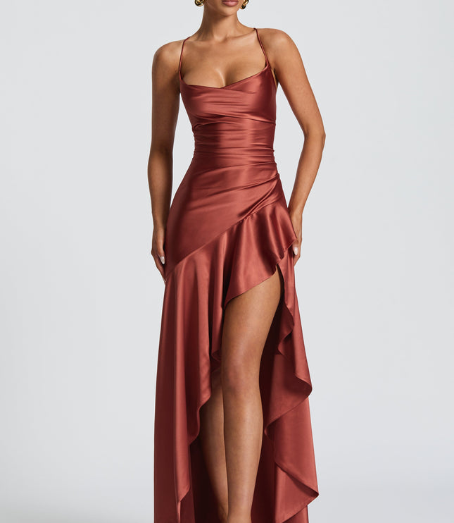 Women's Ruched Asymmetric High-Low Hem Maxi Dress
