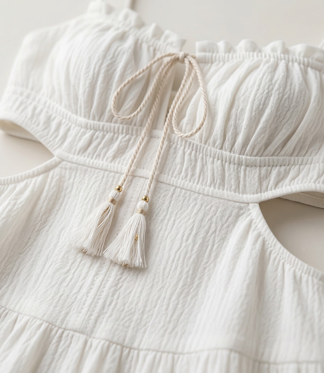 Close-up of white spaghetti strap maxi dress with tassel tie front and textured fabric