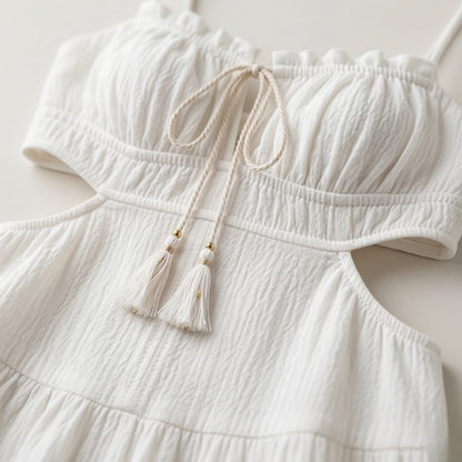 Close-up of white spaghetti strap maxi dress with tassel tie front and textured fabric