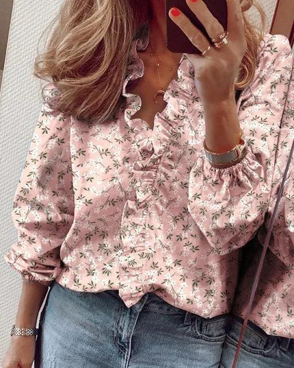 Women's Ruffle Front Top with Elastic Cuffs and a V-Neck
