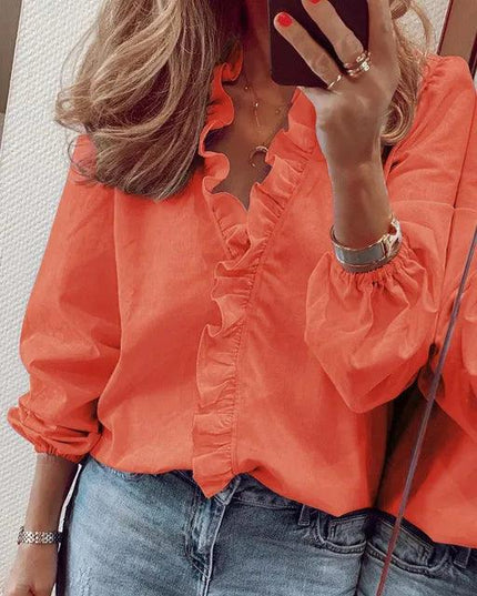 Women's Ruffle Front Top with Elastic Cuffs and a V-Neck