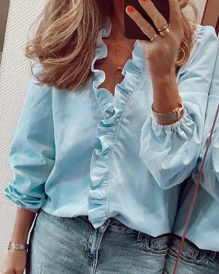 Women's Ruffle Front Top with Elastic Cuffs and a V-Neck