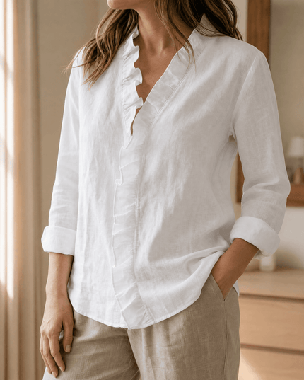 Women's Ruffle V-Neck Long Sleeve Relaxed Blouse
