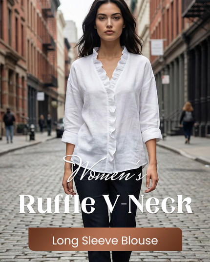 Women's Ruffle V-Neck Long Sleeve Relaxed Blouse