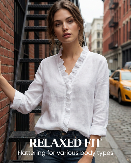 Women's Ruffle V-Neck Long Sleeve Relaxed Blouse