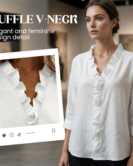 Women's Ruffle V-Neck Long Sleeve Relaxed Blouse