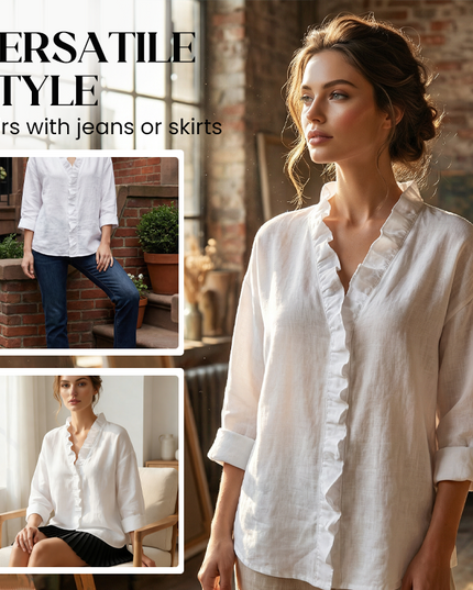 Women's Ruffle V-Neck Long Sleeve Relaxed Blouse