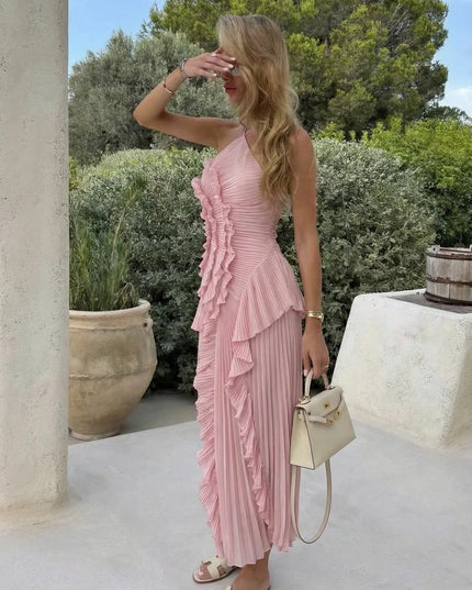 Women's Ruffled Pink Dress with a Halter Neckline