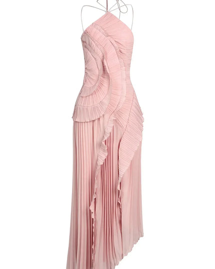 Women's Ruffled Pink Dress with a Halter Neckline