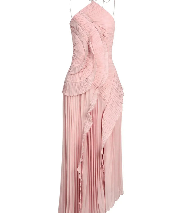 Women's Ruffled Pink Dress with a Halter Neckline