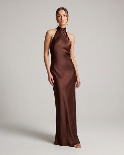 Front view of brown satin halter midi dress with high neckline and elegant body-skimming shape