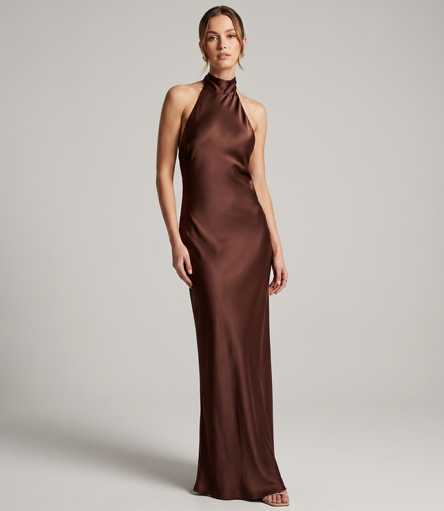 Front view of brown satin halter midi dress with high neckline and elegant body-skimming shape