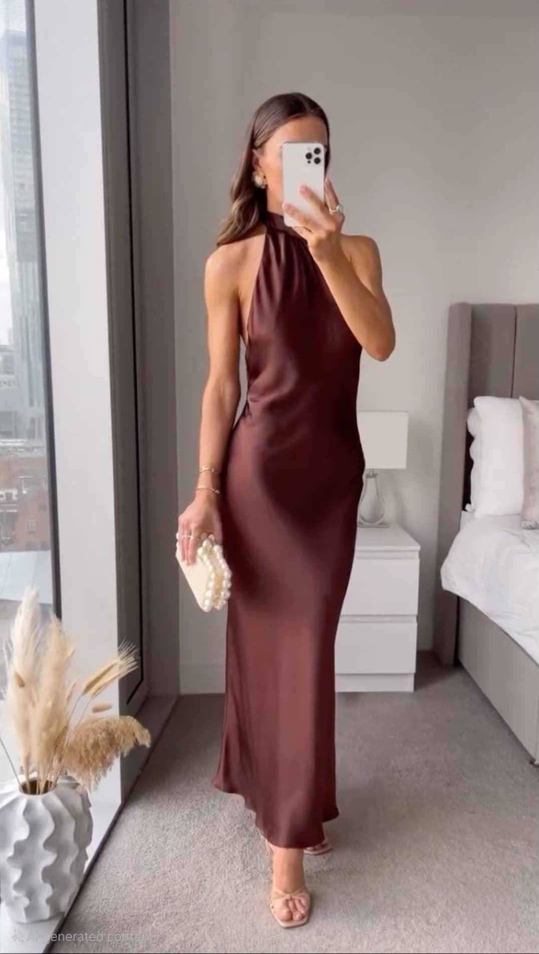 Mirror selfie view of burgundy satin halter midi dress with sleeveless cut and midi length
