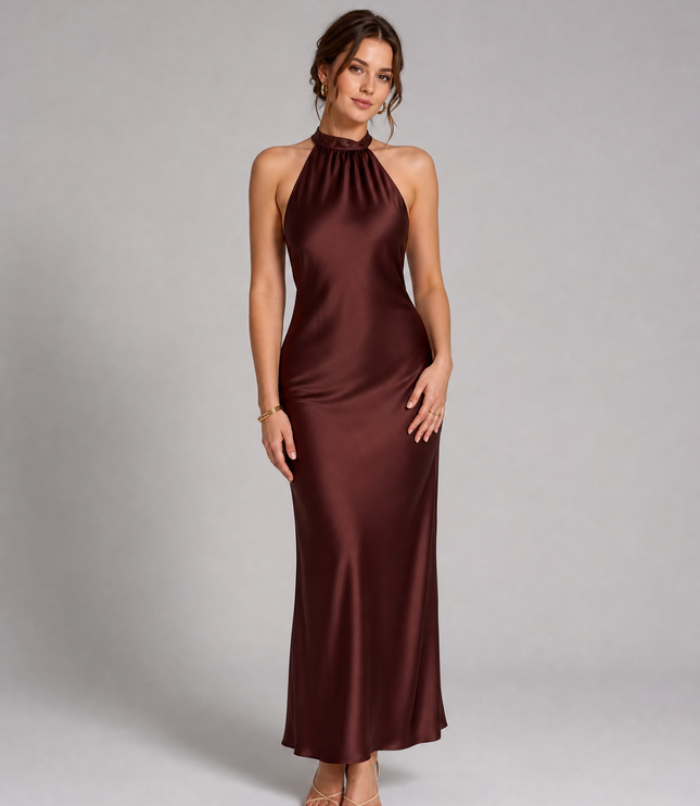 Front view of burgundy satin halter midi dress with sleek fitted silhouette and high neck
