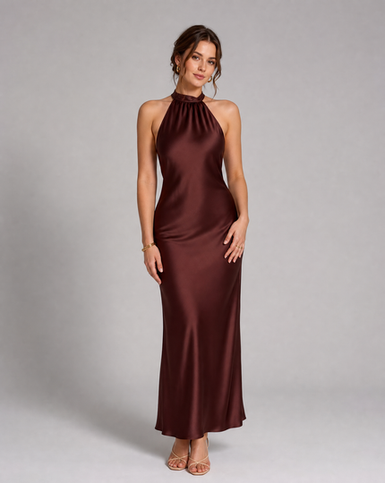Front view of burgundy satin halter midi dress with sleek fitted silhouette and high neck