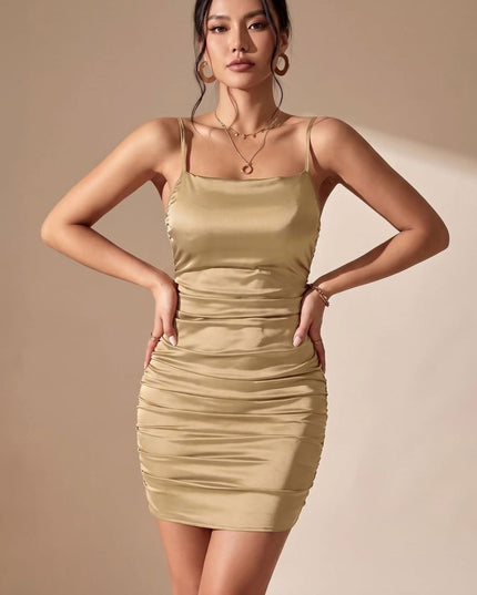 Women's Satin Ruched Bodycon Mini Cocktail Dress